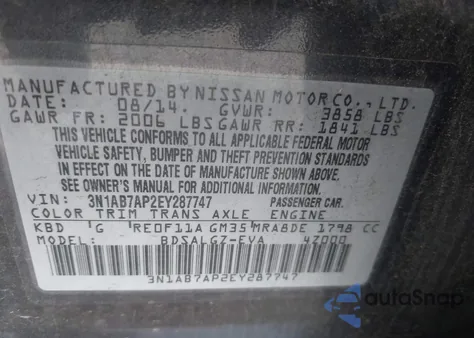 2014 Nissan Sentra S/Sv/Sr/Sl из США, поврежденный, VIN 3N1AB7AP2EY287747